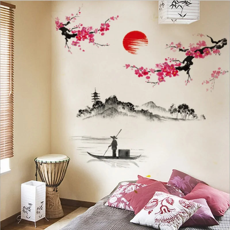 Chinese Style Sakura Tree Wall Sticker Pink Cherry Blossom Decor