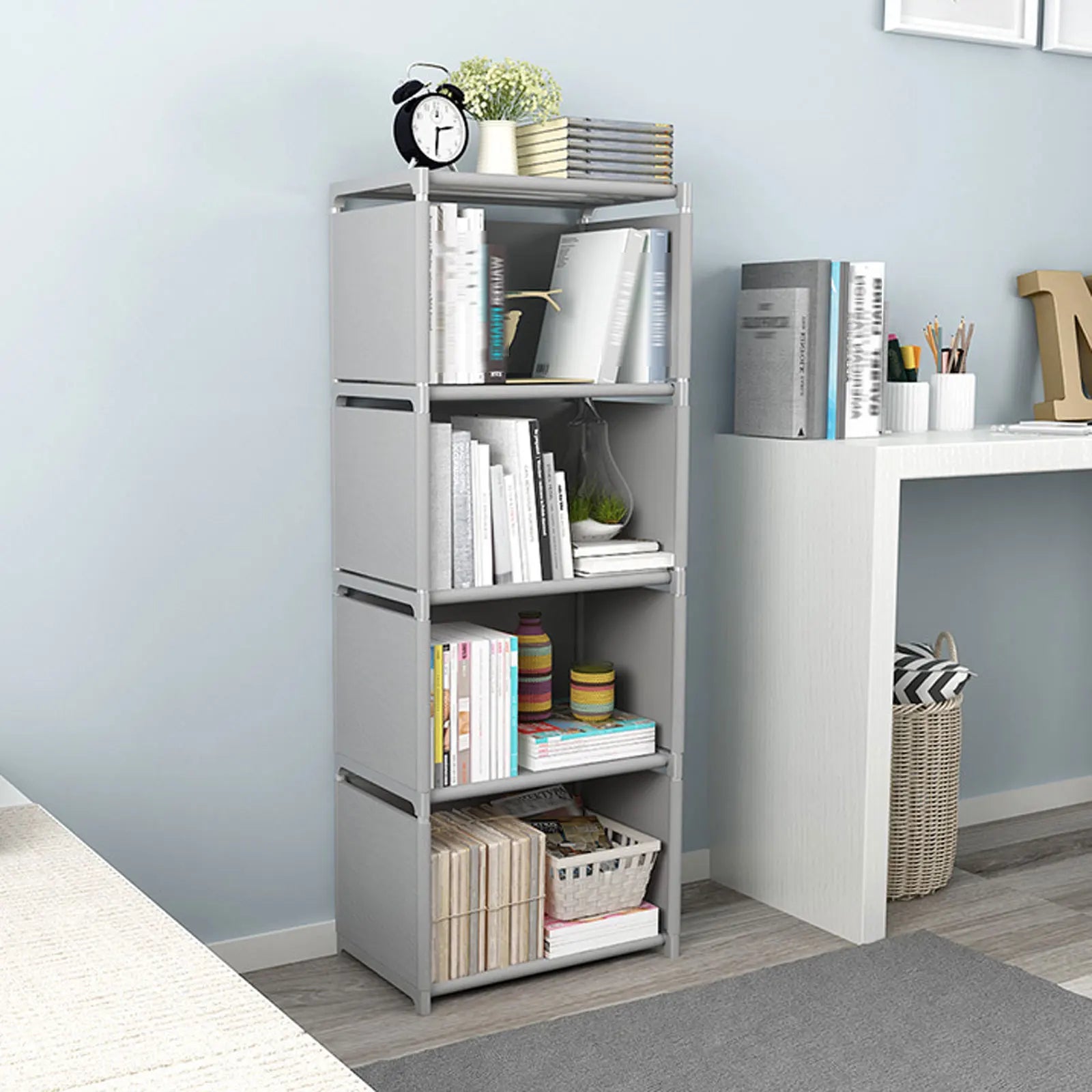 Multilayer 4-Tier Bookcase Free-Standing Storage Shelf for Living Room and Bedroom Organization