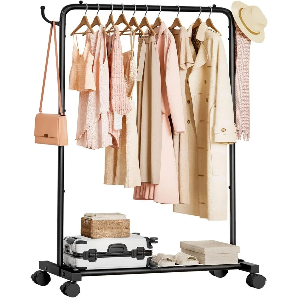 Rolling Clothes Rack with Hooks – Standing Garment Storage Hanging Rod Organizer