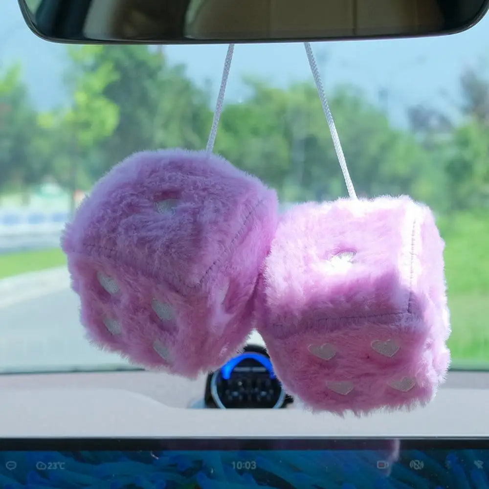Soft Plush Dice Car Mirror Dangler with Lucky Heart Design Car Acessories (White)