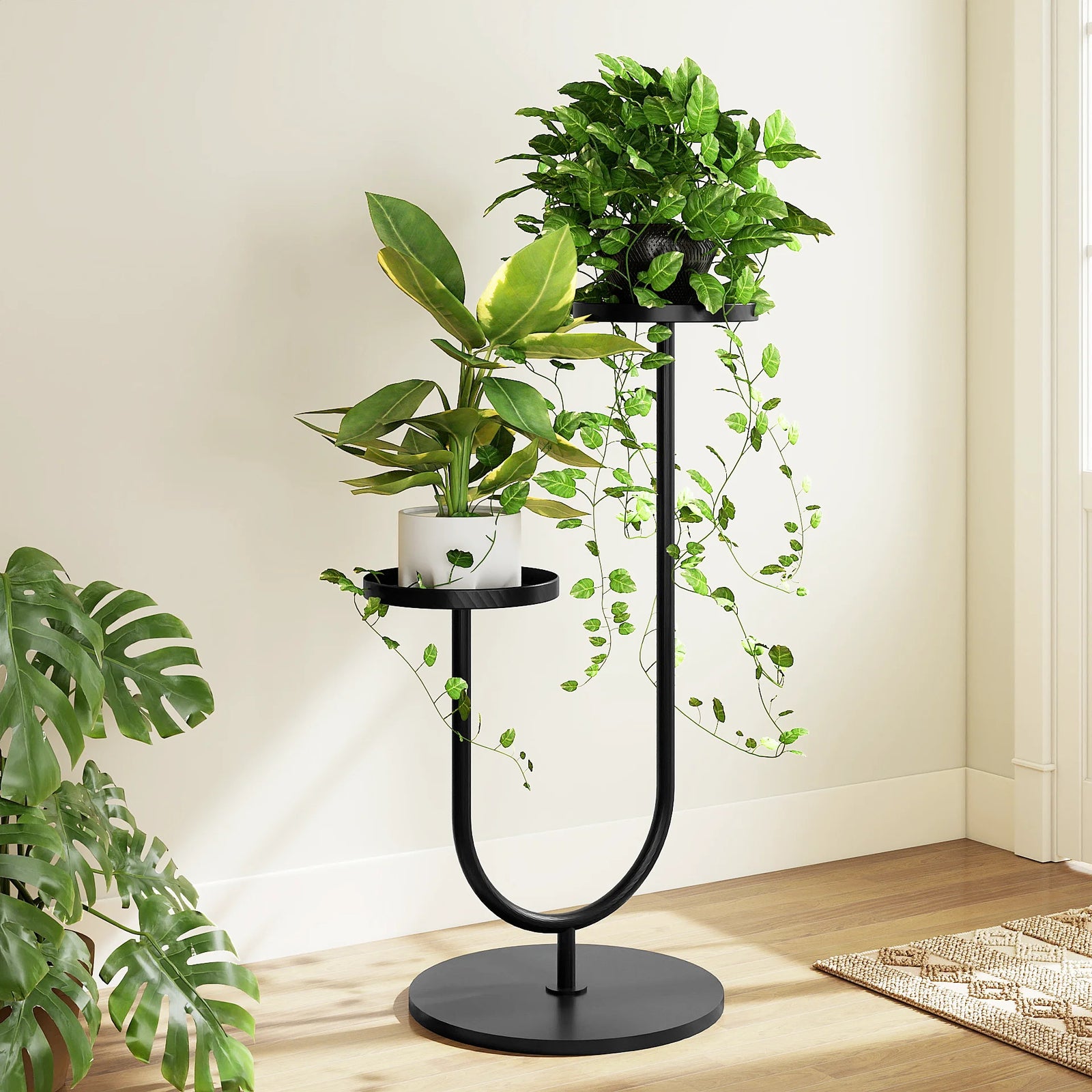 Modern Metal Plant Stand Indoor U-Shaped Black Planter Holder for 2 Pots
