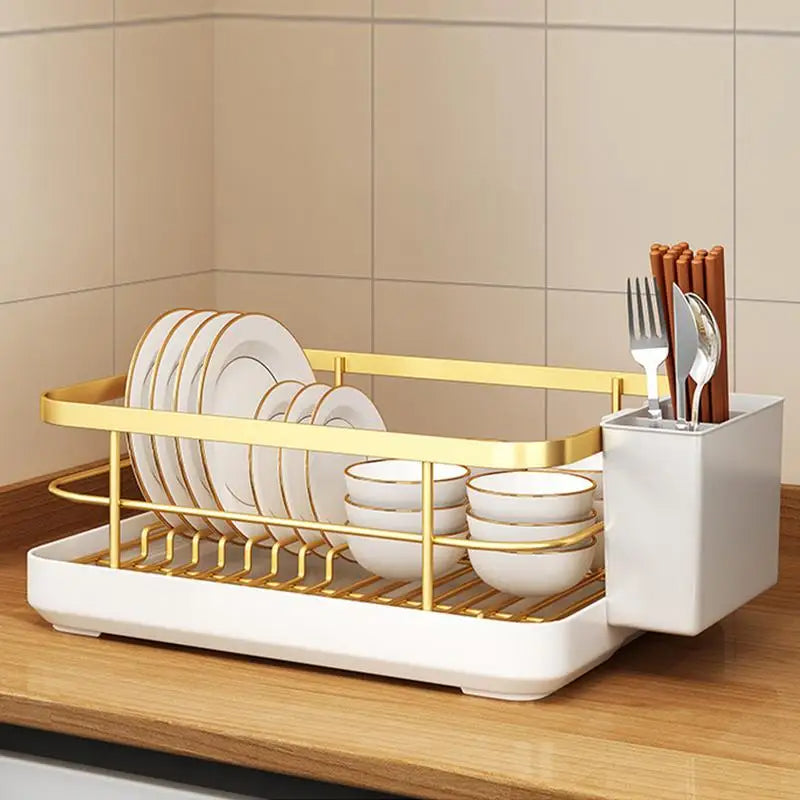 Kitchen Dish Organizer with Utensil Holder Drip Tray (Black)