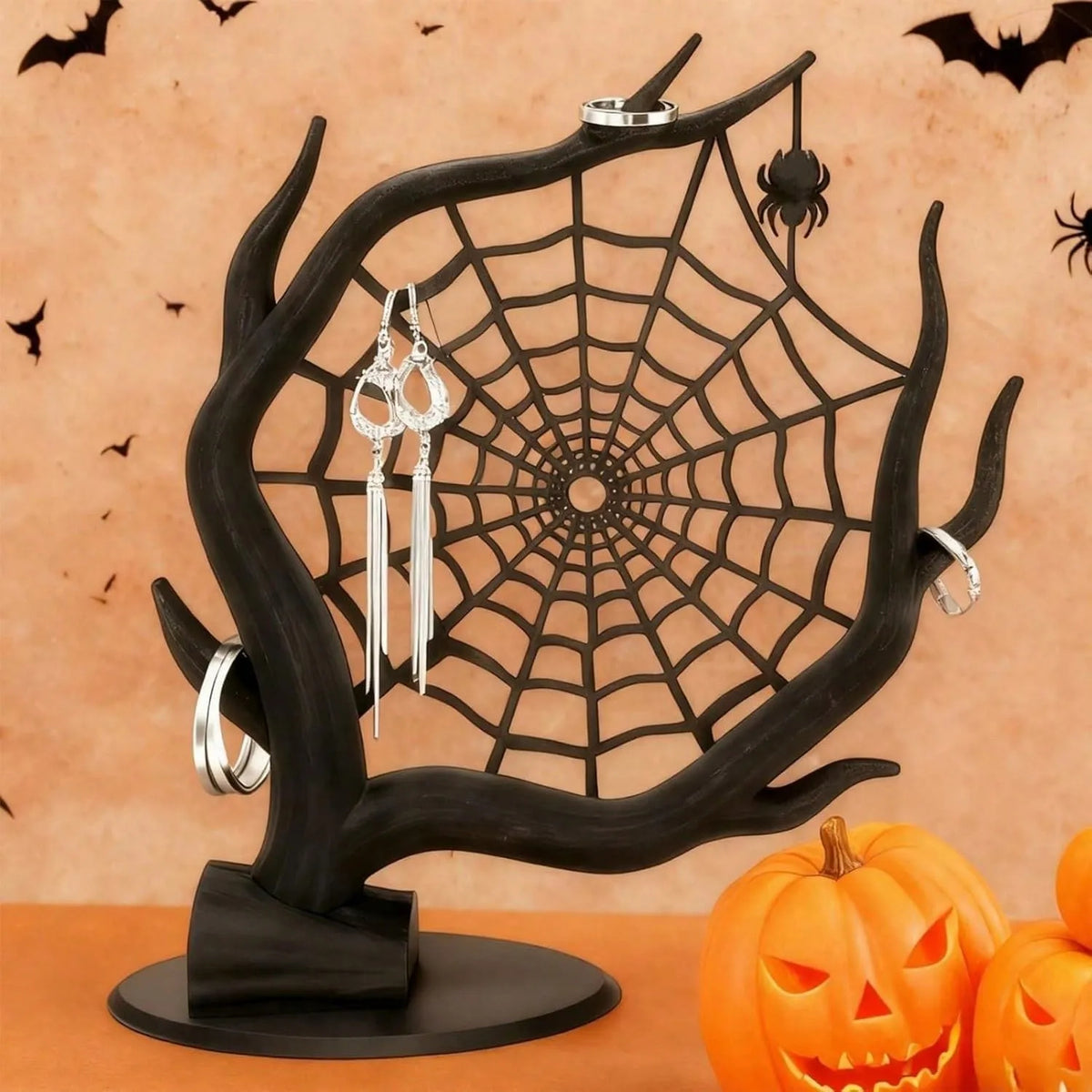 Gothic Spiderweb Jewelry Holder – Black Tree-Shaped Jewelry Display Stand for Halloween