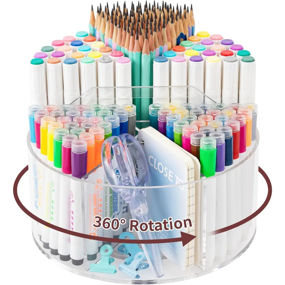Acrylic Pen Holder &amp; Pencil Organizer 360 Degree Rotating Desk Organizer with Multiple Compartments for Markers Crayons &amp; Kids Desks