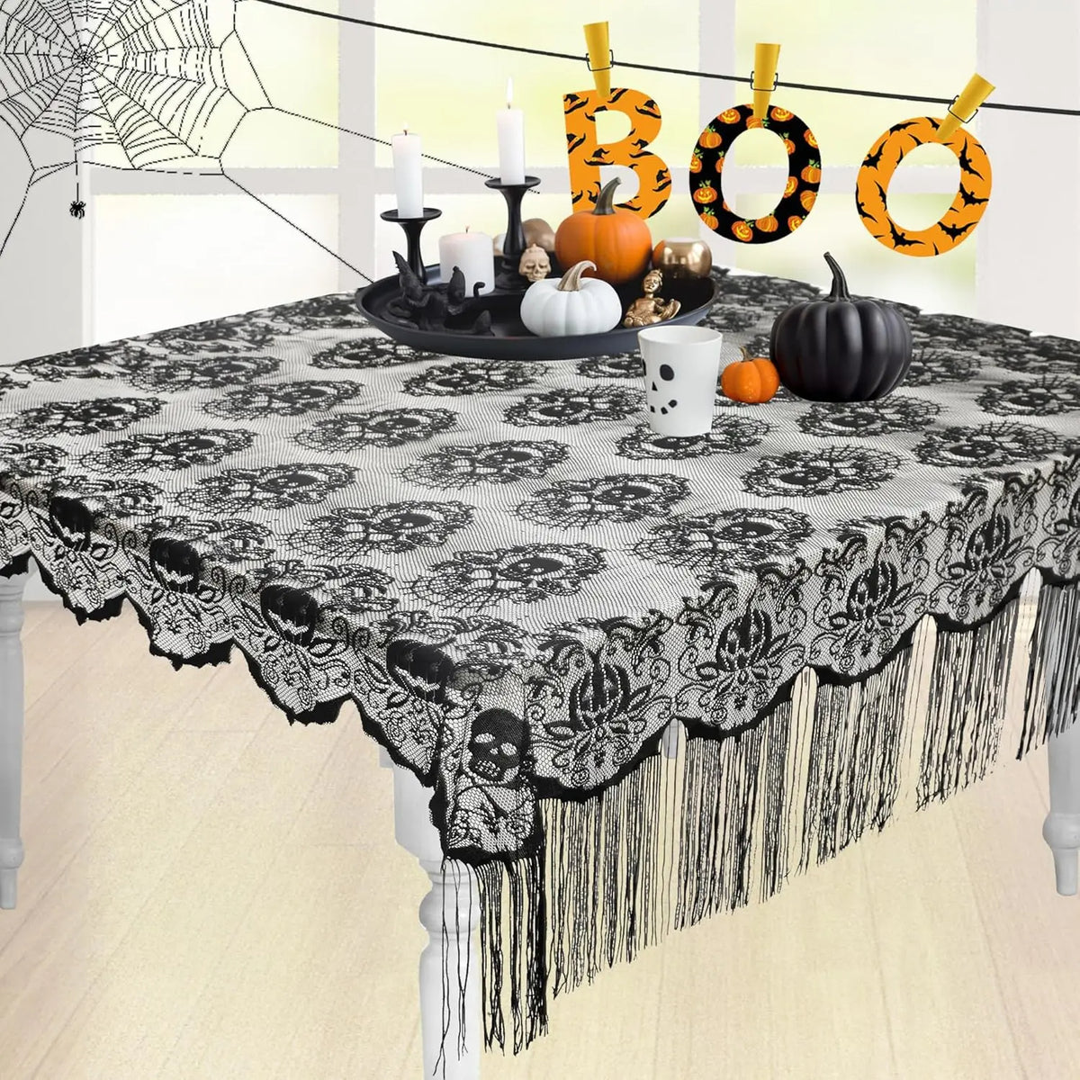 Halloween Black Lace Skull Tablecloth with Tassels