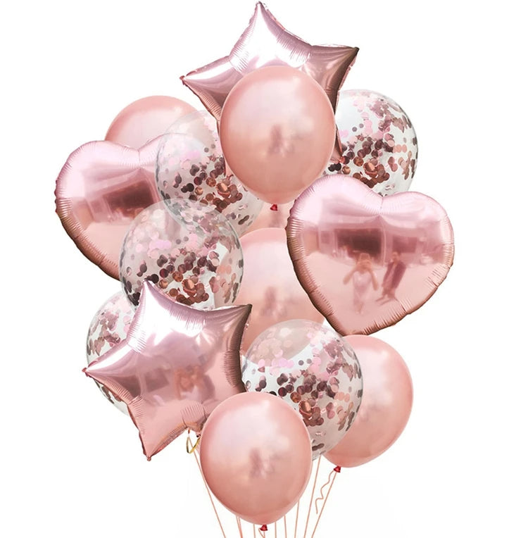 14pcs Rose Gold Mix Star Heart Confetti Latex Balloons Birthday Party Decorations (Rose Gold)