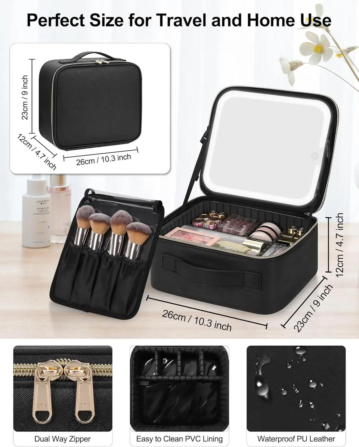 Portable Makeup Bag with Dimmable LED Mirror Cosmetic Organizer