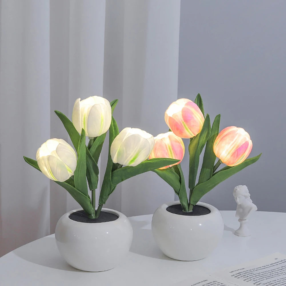 LED Tulip Night Light Realistic Artificial Flower Table Lamp for Home Decor (White)