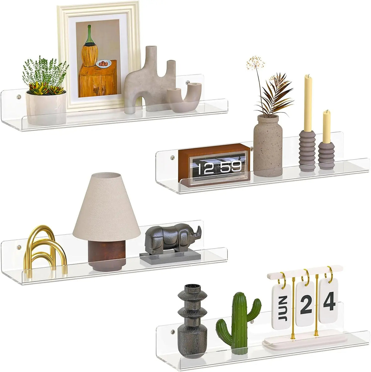 4 Pack Clear Floating Wall Shelves – 15 Inch Acrylic Display Organizer Ledges