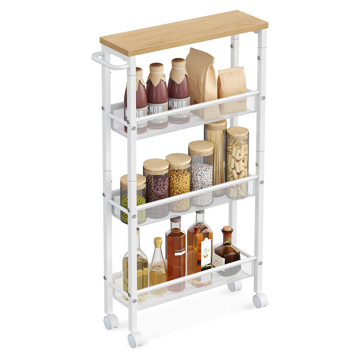 Rolling Utility Slim Cart 4-Tier for Kitchens &amp; Dining Rooms (Oak Beige)