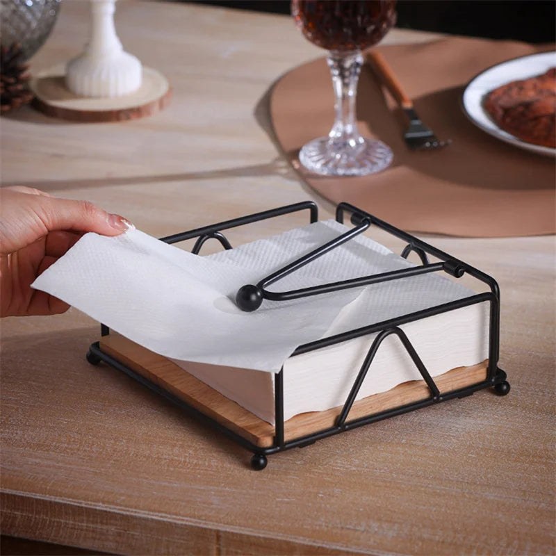 Kitchen Napkin Holder Weighted Tension Arm Rustic Tissue Paper Dispenser (Black)