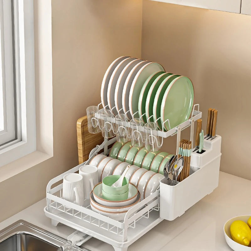 2-Tier Kitchen Dish Drying Rack with Automatic Drainer