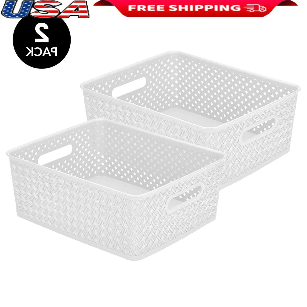 Durable Plastic Wicker Baskets 2-Pack for Home Office