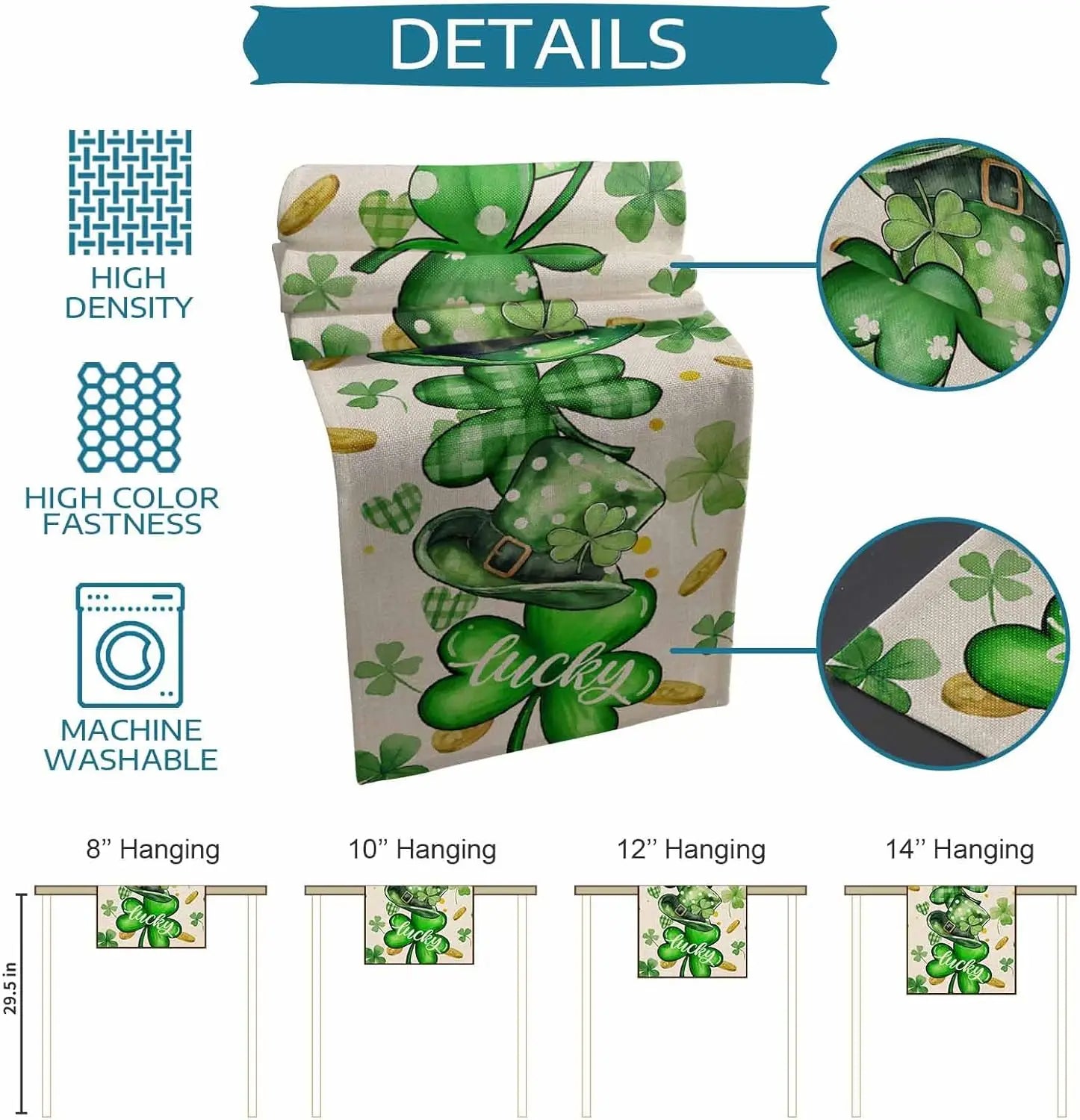 Spring Clovers Lucky Hats Linen Table Runner Party for St. Patrick Decor