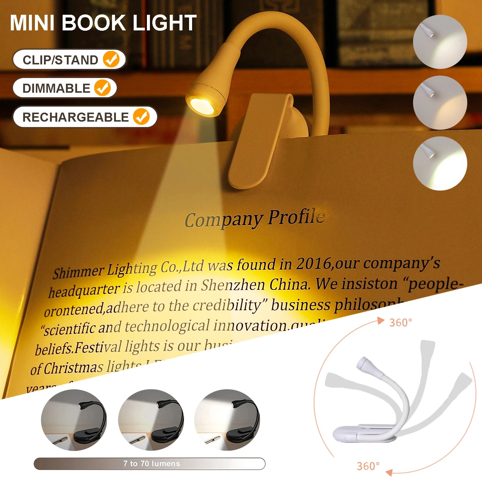 Portable LED Book Light 2 Pieces USB Rechargeable Eye Protection (Black)