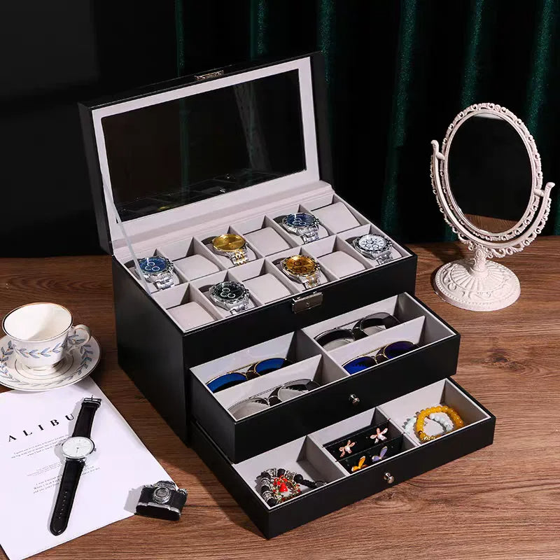 Watch Box Sunglass Organizer 3-Layer Black Leather with Jewelry Drawer