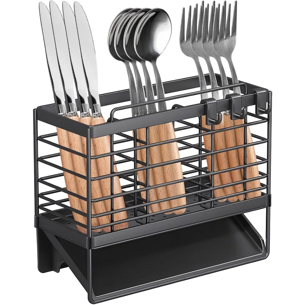 Stainless Steel Utensil Holder with Drain Tray for Kitchen Countertop (Black)