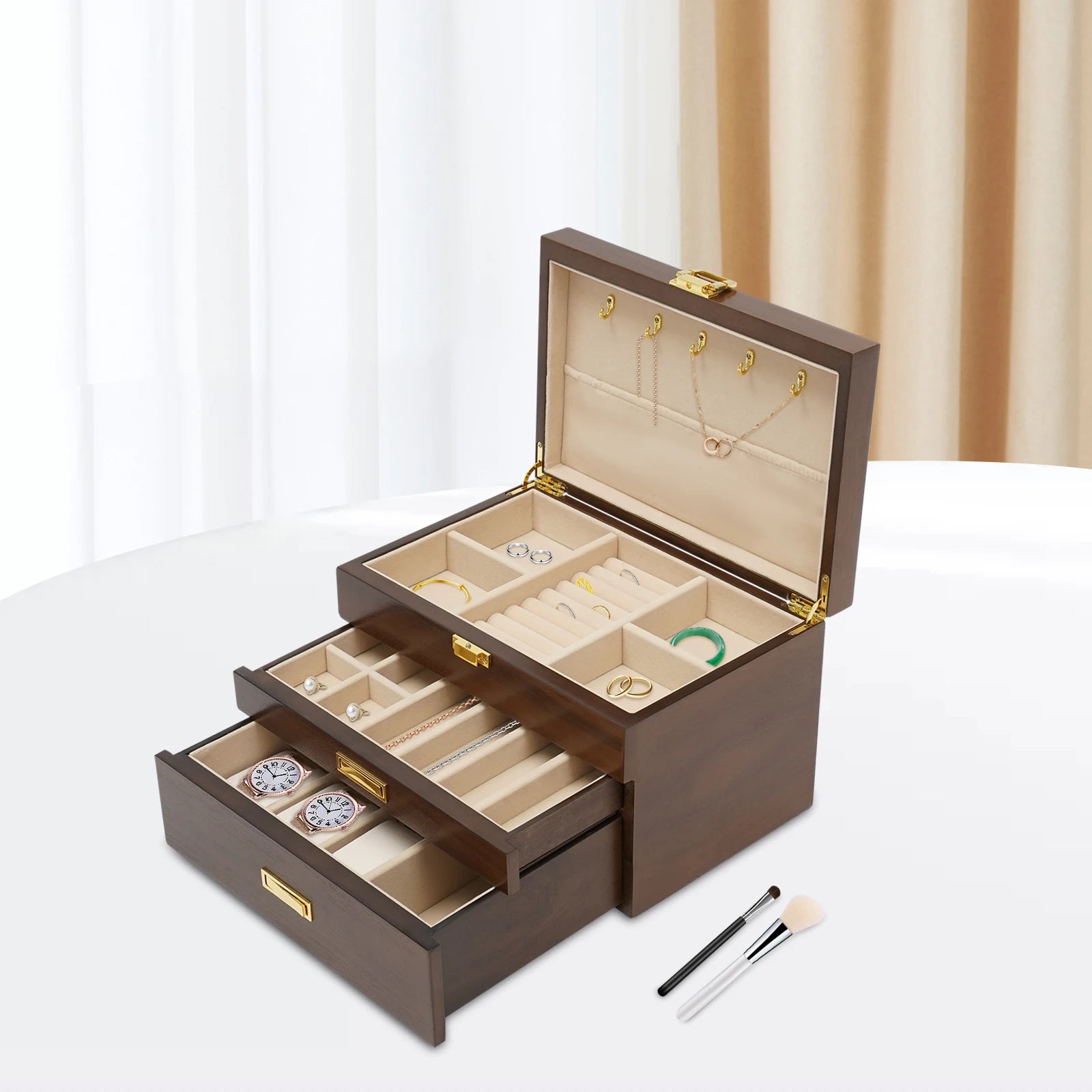 Modern Wood Jewelry Storage Box Luxury Watch Organizer for Men & Women (Brown)