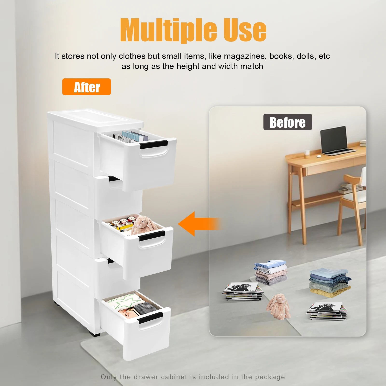 Plastic Storage Drawer Cabinet 5-Layer with Wheels (White)