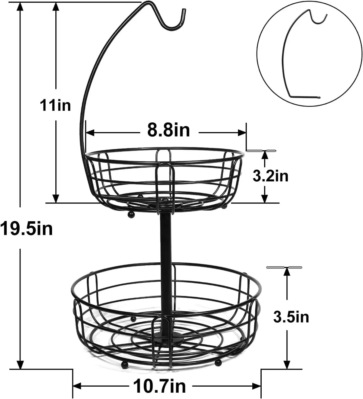 Kitchen Fruit Basket 2-Tier Countertop Storage with Banana Hook (Black)