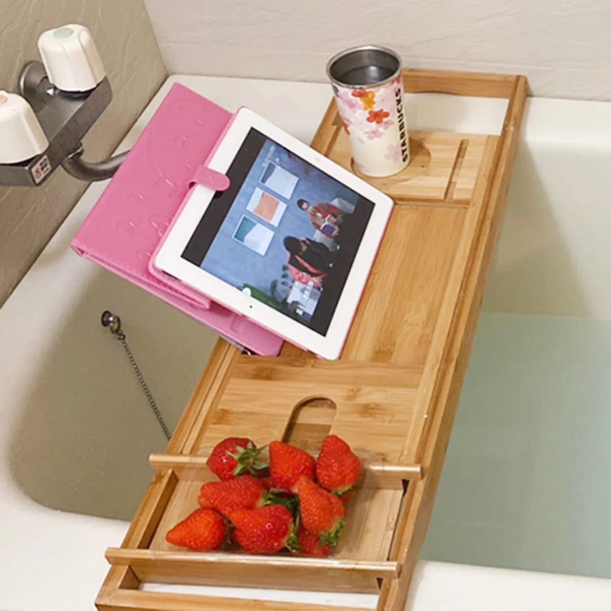 Adjustable Bamboo Bathtub Shelf Bath Board Organizer with Tablet Holder and Wine Glass Slot