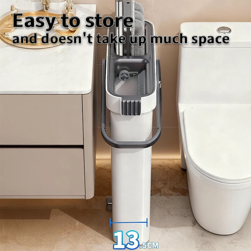 Slim Self-Wringing Flat Mop &amp; Bucket Set – Space-Saving Cleaning System with 2 Washable Microfiber Pads