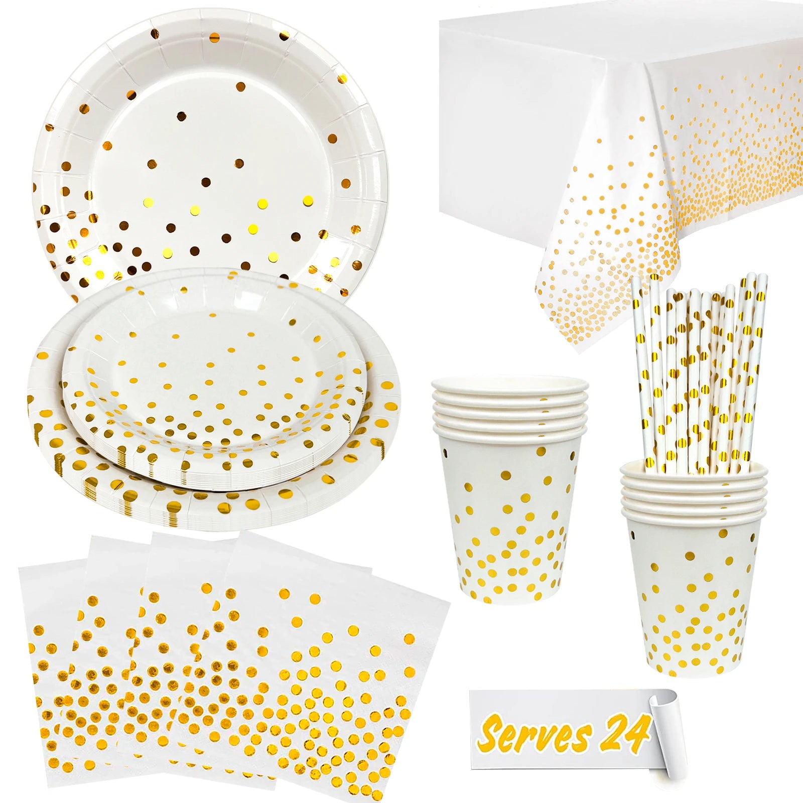 Modern White Gold Party Plates Cups Napkins 121pcs