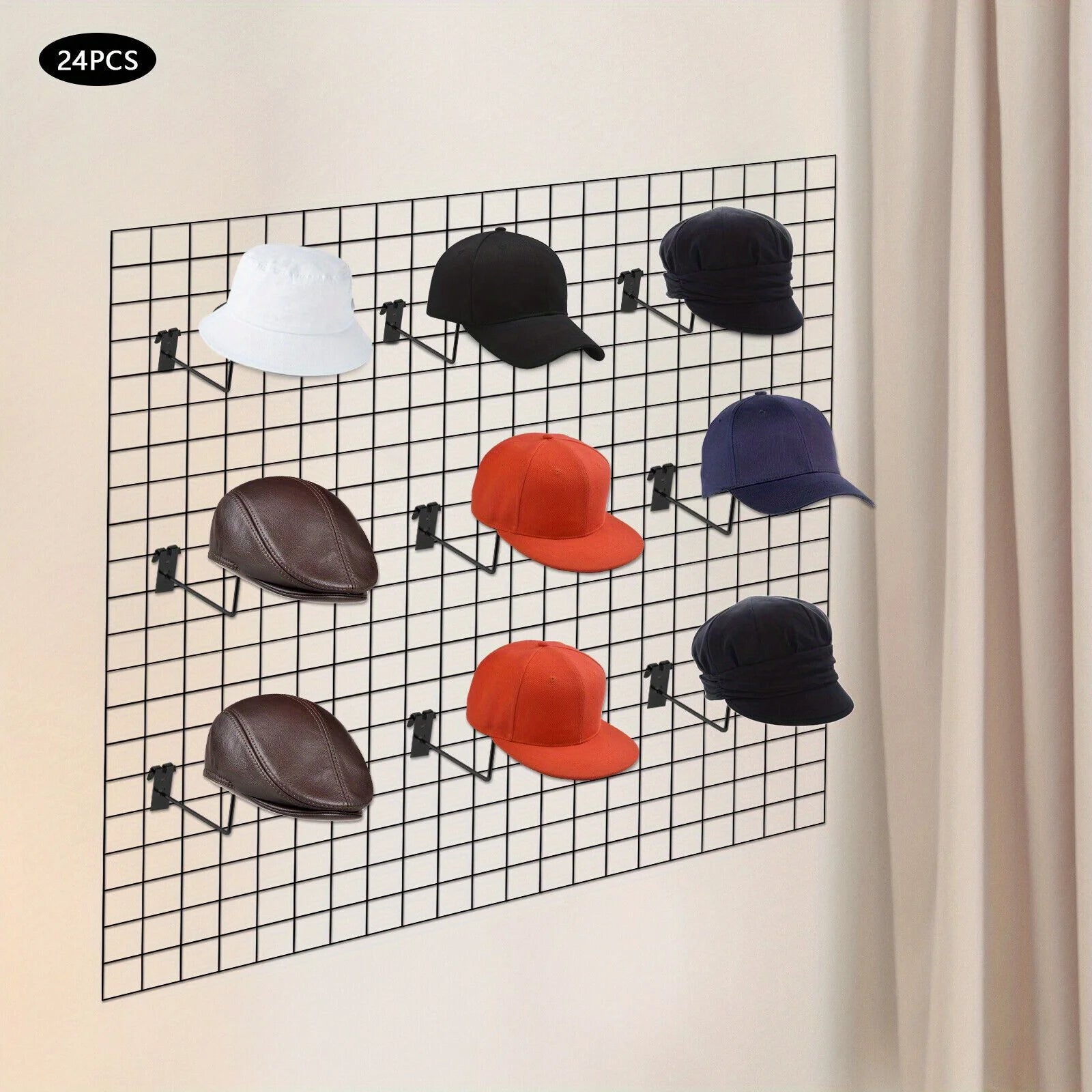 Mesh Backing Wall Mount Set of 24 Display Rack for Hat Collection