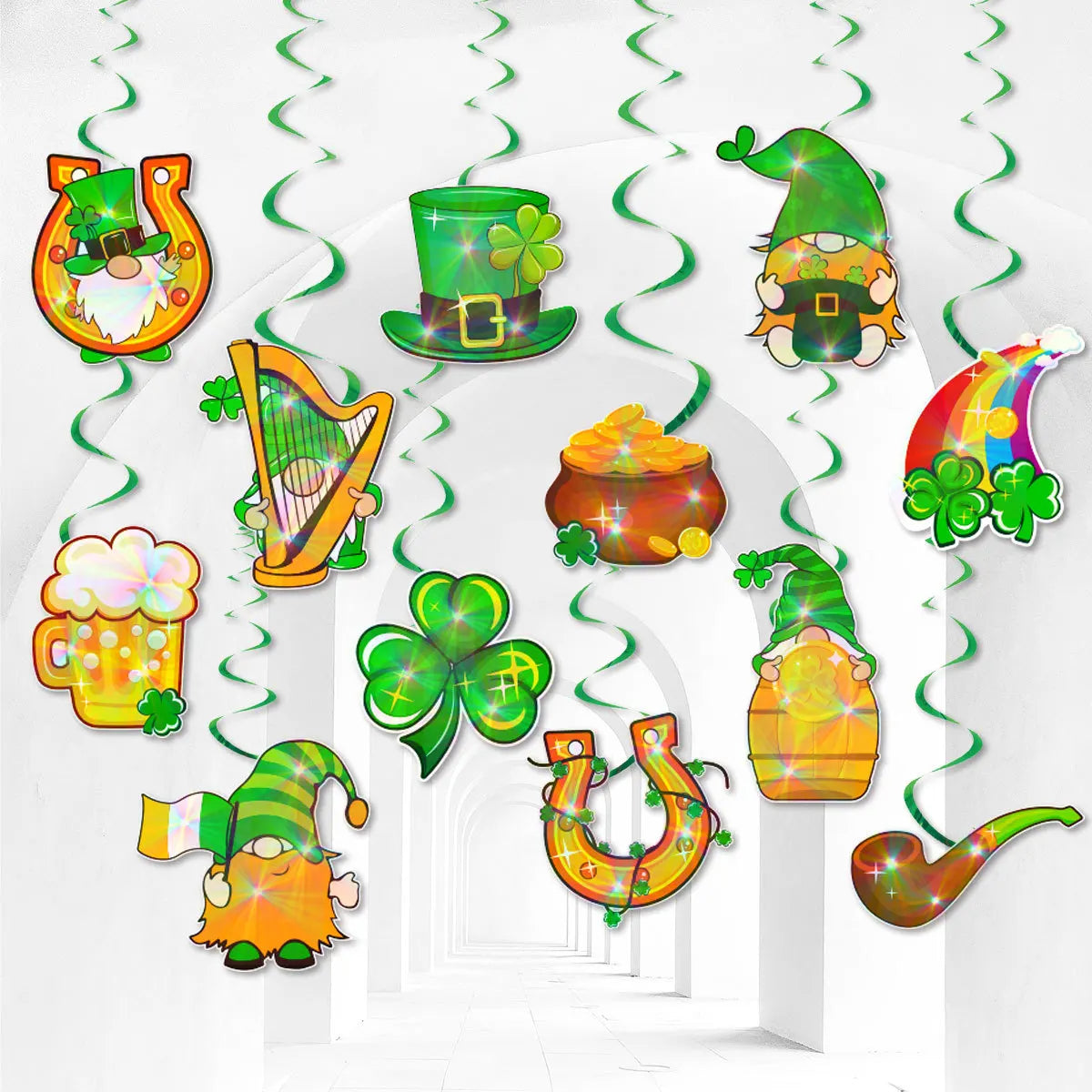 12pcs St. Patrick's Day Laser Spiral Banners Shamrock Swirl Decorations