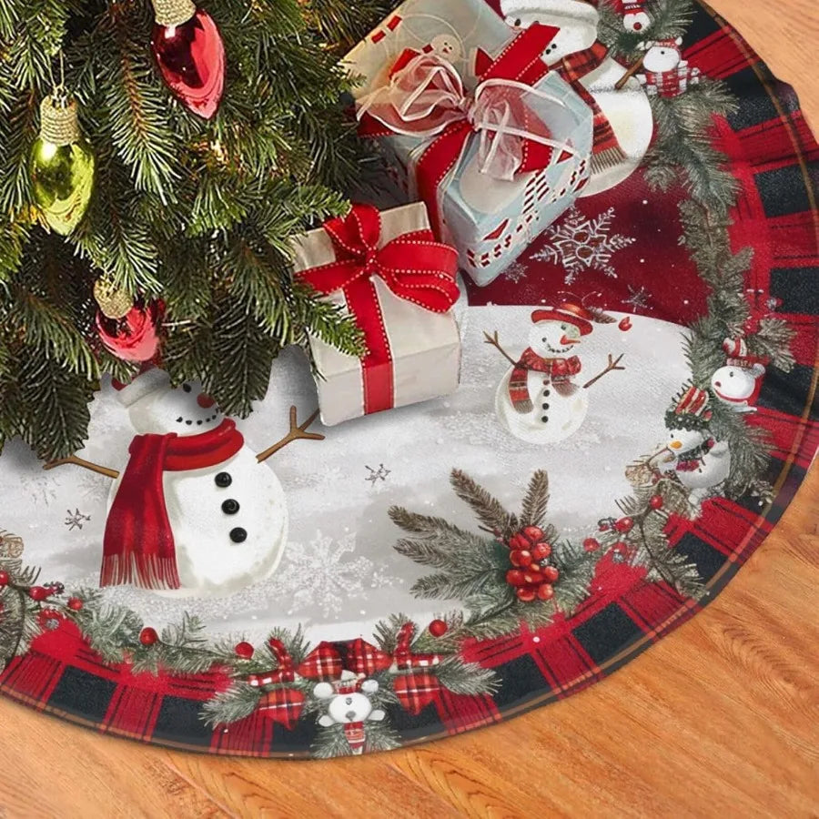 Snowman Christmas Tree Skirt 36 Inch – Farmhouse Style Holiday Decoration with Snowflake and Berry Design