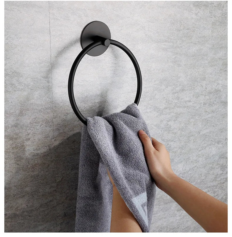 Towel Ring Adhesive Stainless Steel Hand Towel Holder (Black)