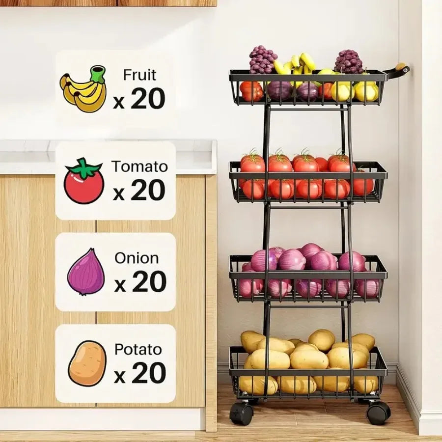 4 Tier Stackable Metal Vegetable Storage Rack with Wheels