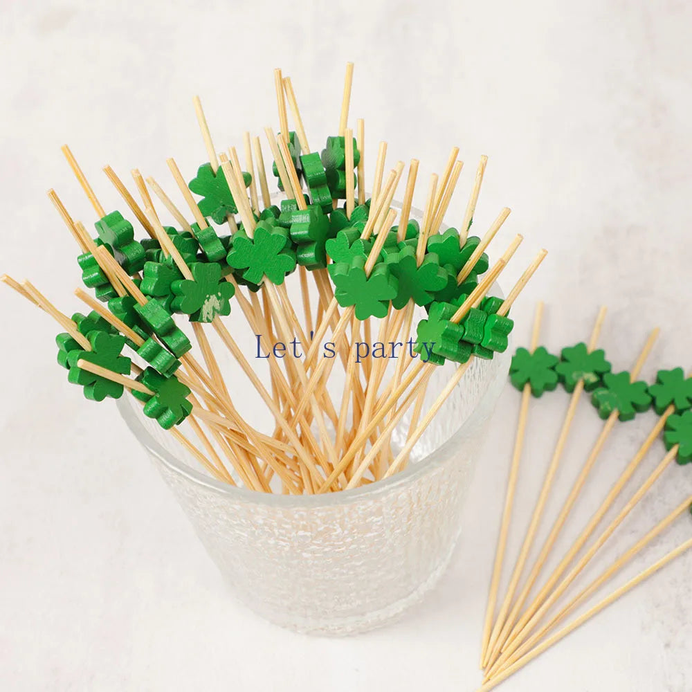 100Pcs St. Patrick's Day Food Picks Shamrock Bamboo Fruit Forks