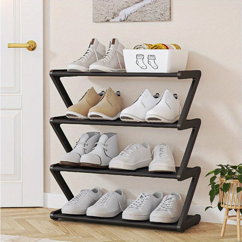 Modern 4-Tier Z-Shaped Shoe Stand Plastic Metal Steel Pipe Storage Rack for Entryway (Black)