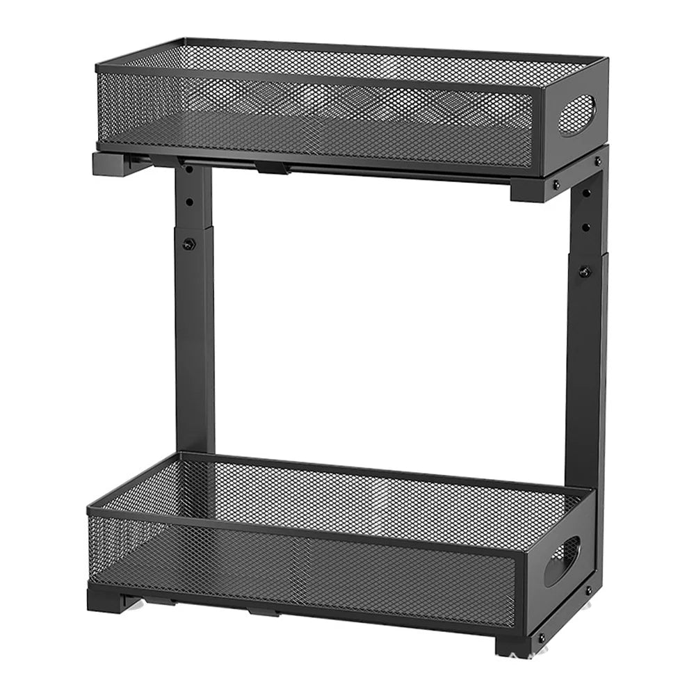 2-Tier Pull Out Cabinet Shelf Height Adjustable Under Sink Organizer (Black)