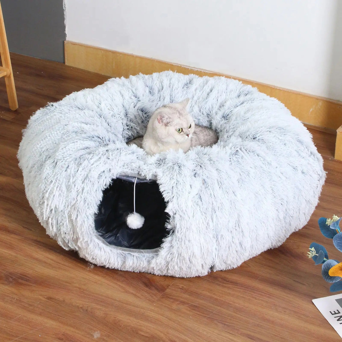 Plush Cat Tunnel Bed The Ultimate 3-in-1 Cat Accessory (Gray)
