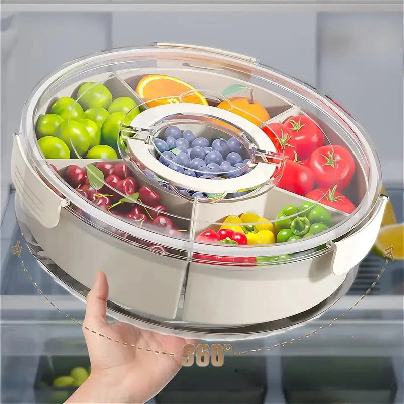 Rotating Fruit Tray with Lid & Handle 6-Grid Clear Divided Snack Box