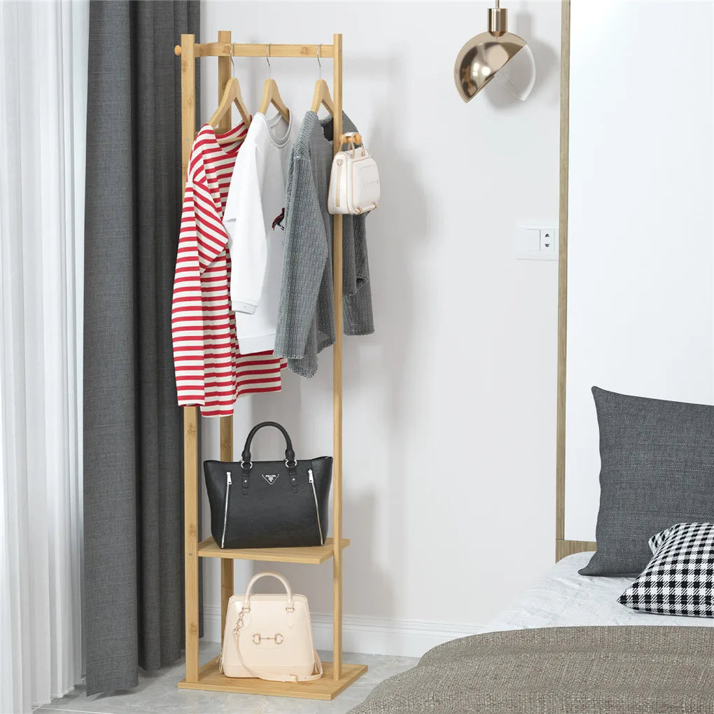 Bamboo Garment Rack with 2-Tier Storage Shelves – Freestanding Wooden Clothes Hanging Rack & Closet Organizer