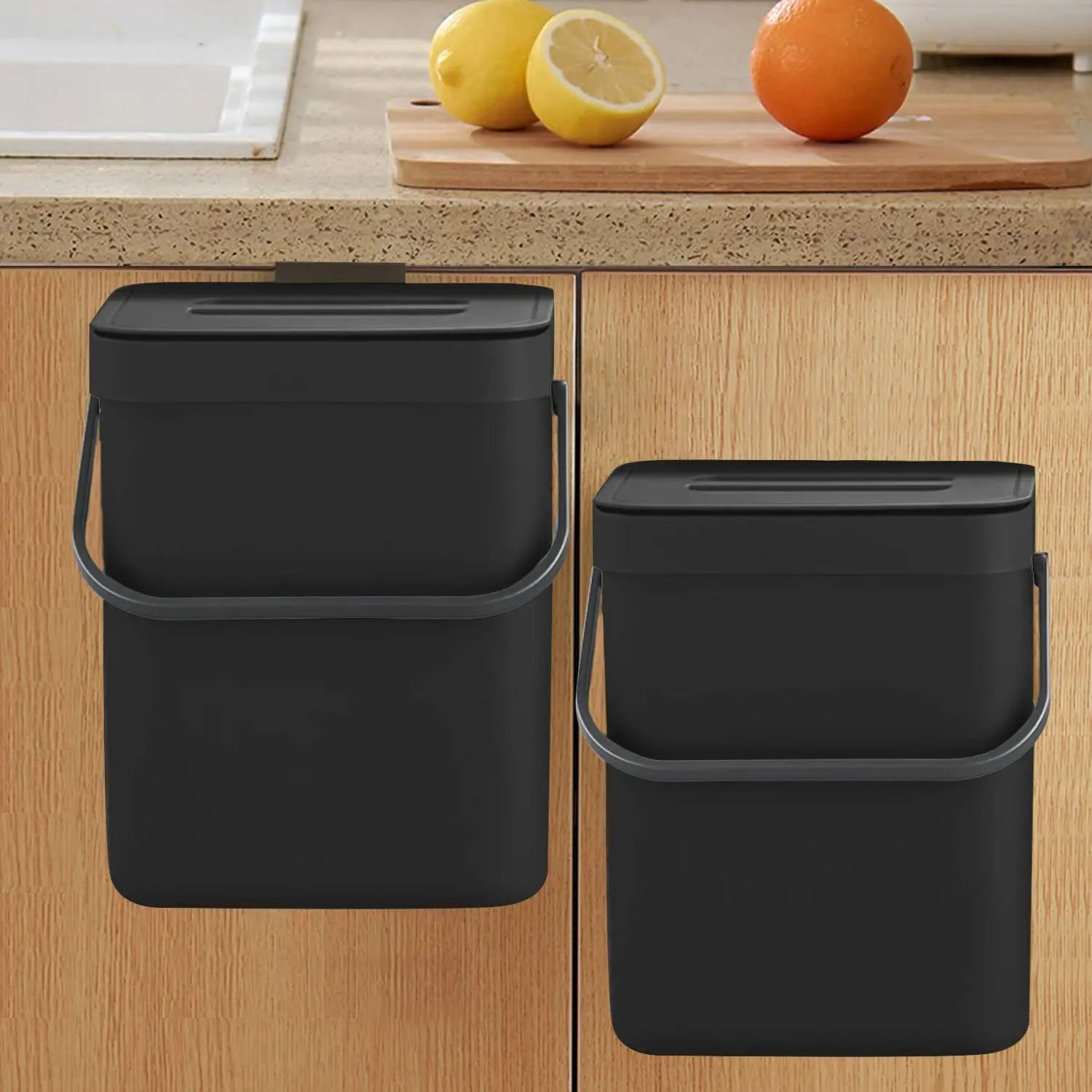 Plastic Trash Can 3L Hanging Under-Sink Garbage Bin with Lid (Black)