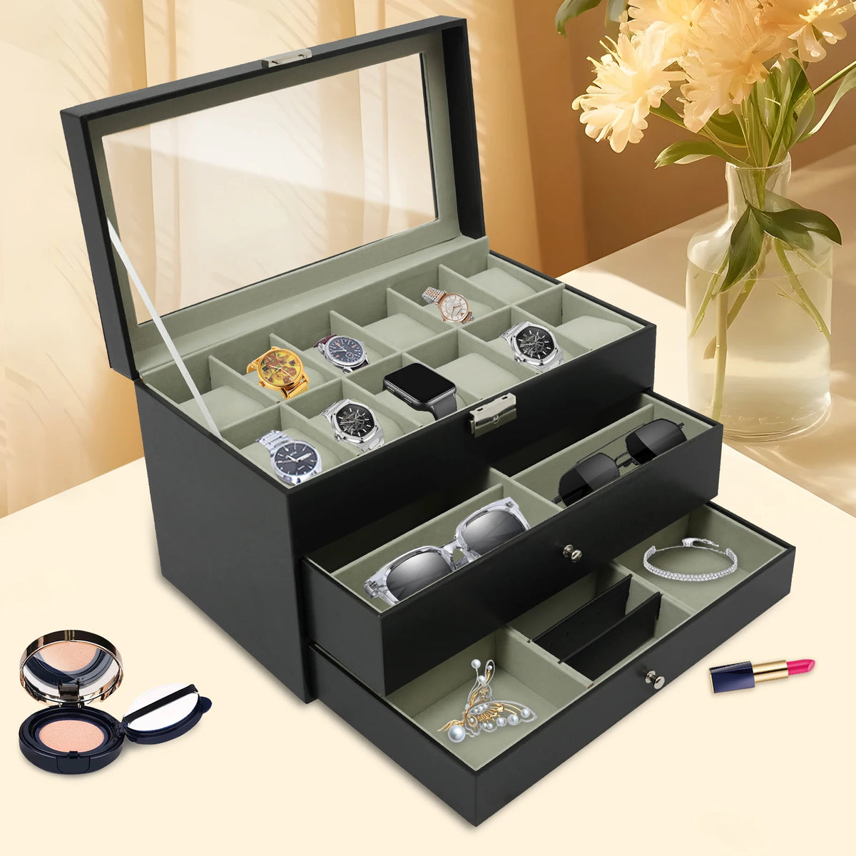 Desktop Jewelry Case with 12 Watch Slots (Black)