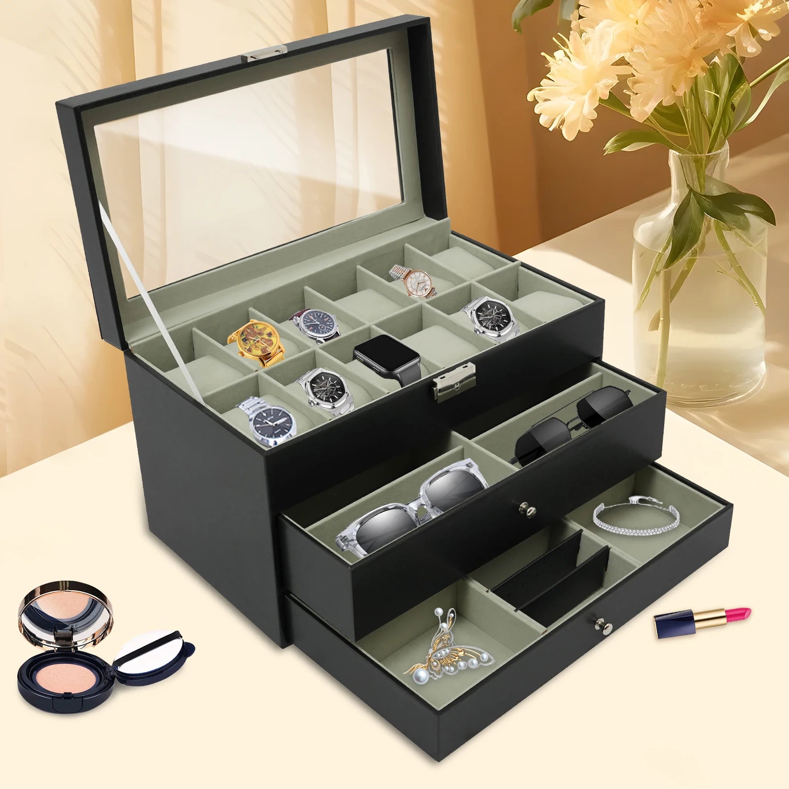 Desktop Jewelry Case with 12 Watch Slots (Black)
