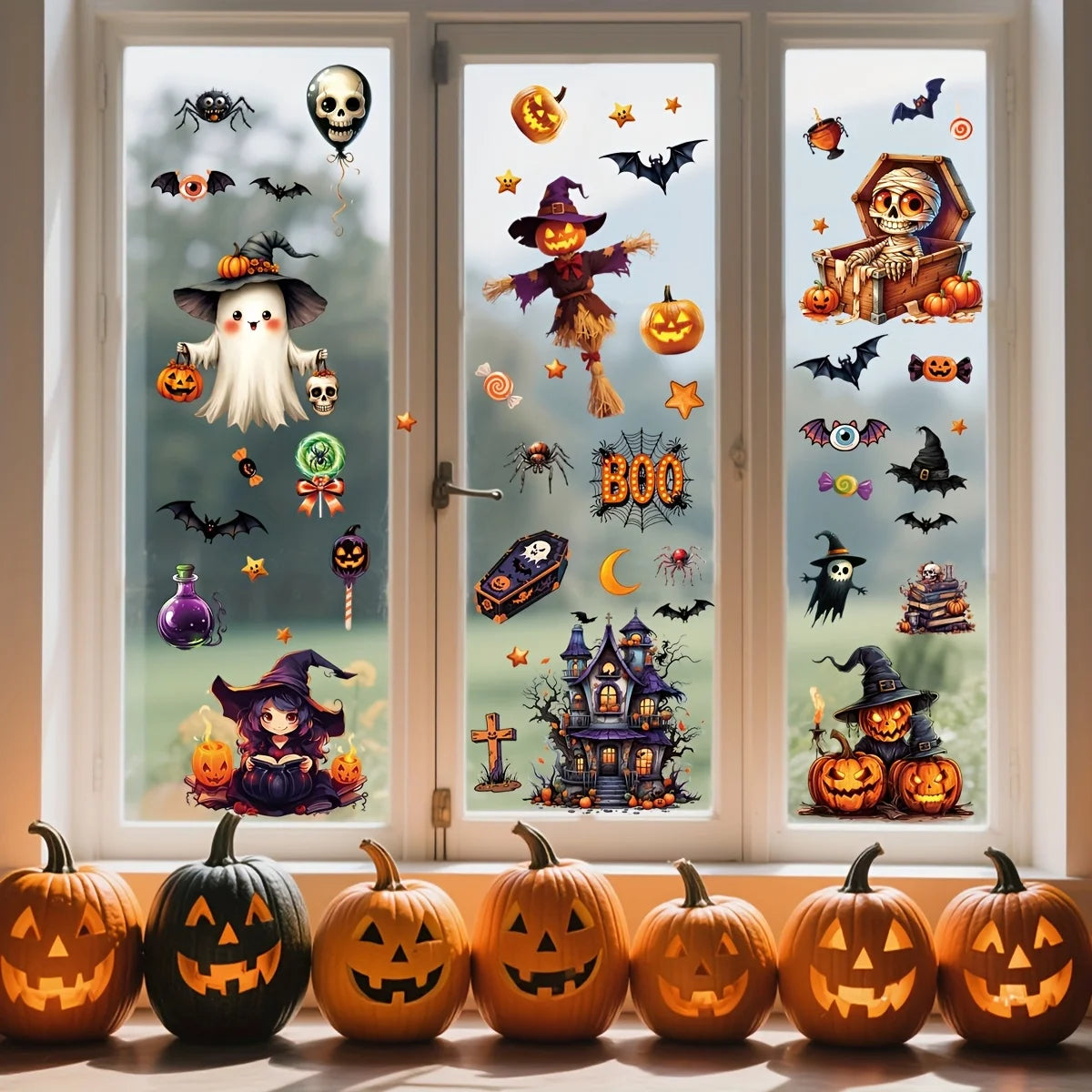 3D Halloween Window Clings with Castle, Bats & Pumpkins