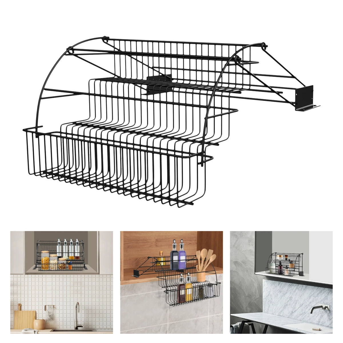 Expandable Pull-Down Kitchen Rack – 3-Tier Metal Cabinet Storage System