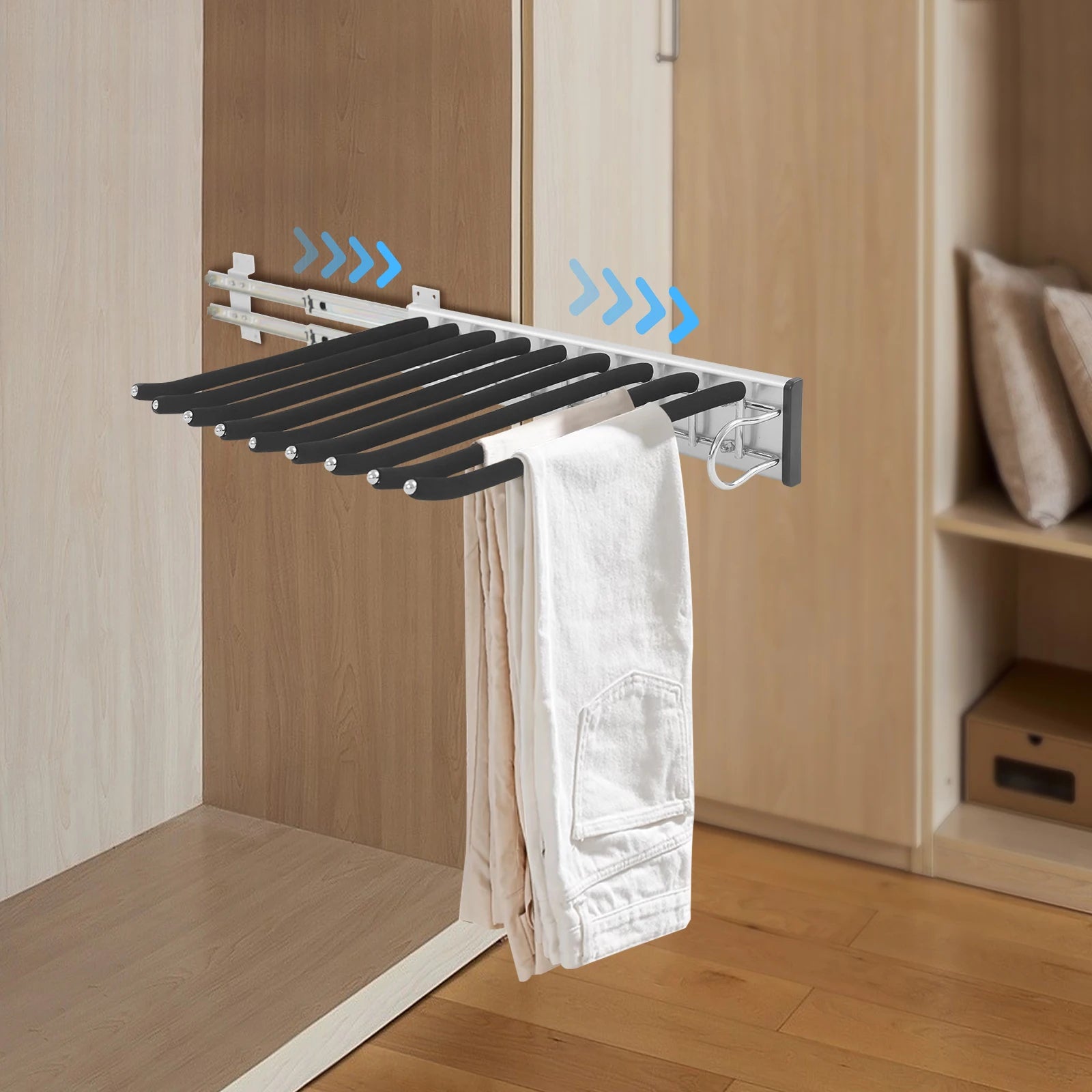 Pull Out Trousers Rack 9 Rods Retractable Wardrobe Pants Organizer (Left)