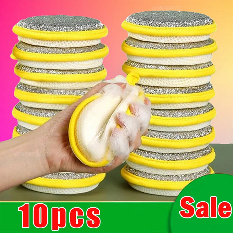 10Pcs Double-Sided Dishwashing Brushes Household Cleaning Tools for Pans, Pots (Yellow)