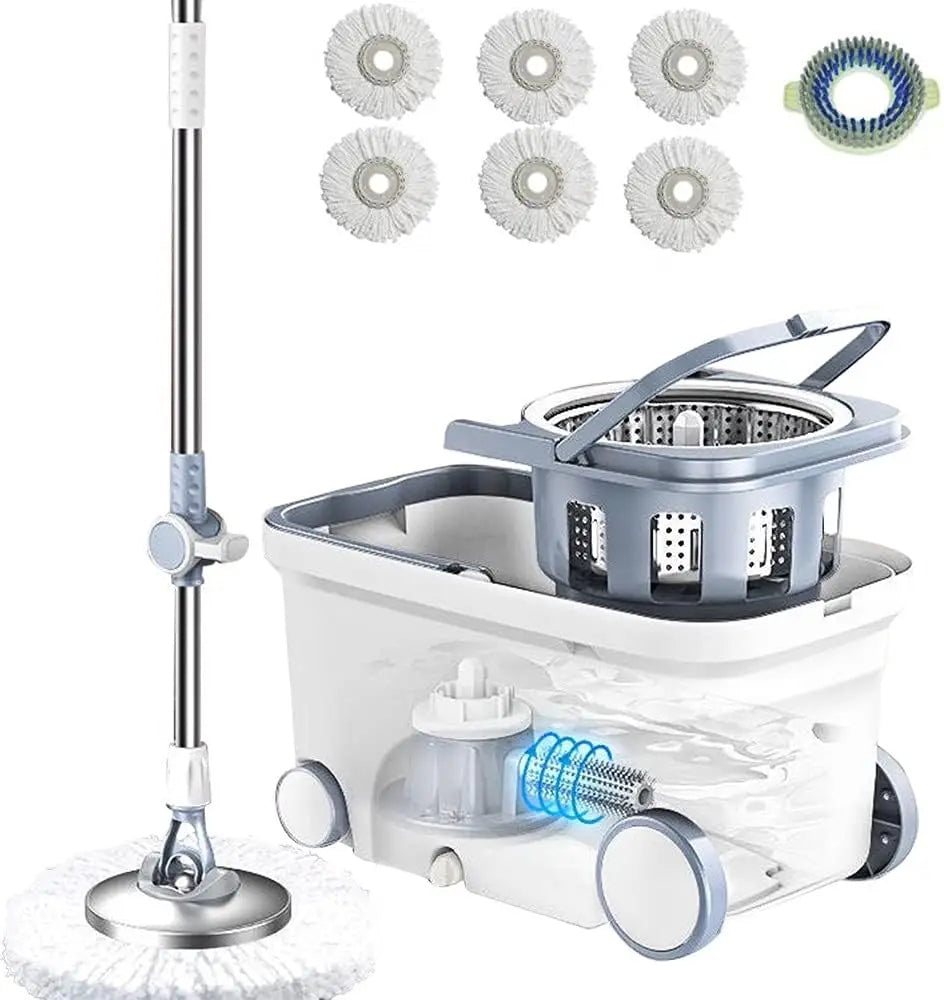 Deluxe 360 Spin Mop and Bucket System with 4 Wheels – 62" Extra Long Stainless Steel Handle 6 Replacement Microfiber Heads Cleaning Kit
