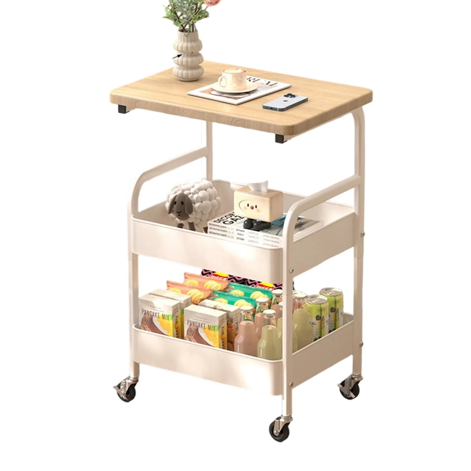 3-Tier Rolling Cart Wood Tabletop Utility Organizer (White)