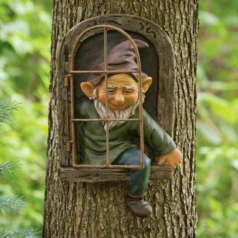 Elf Out the Door Window Tree Hugger Gnome