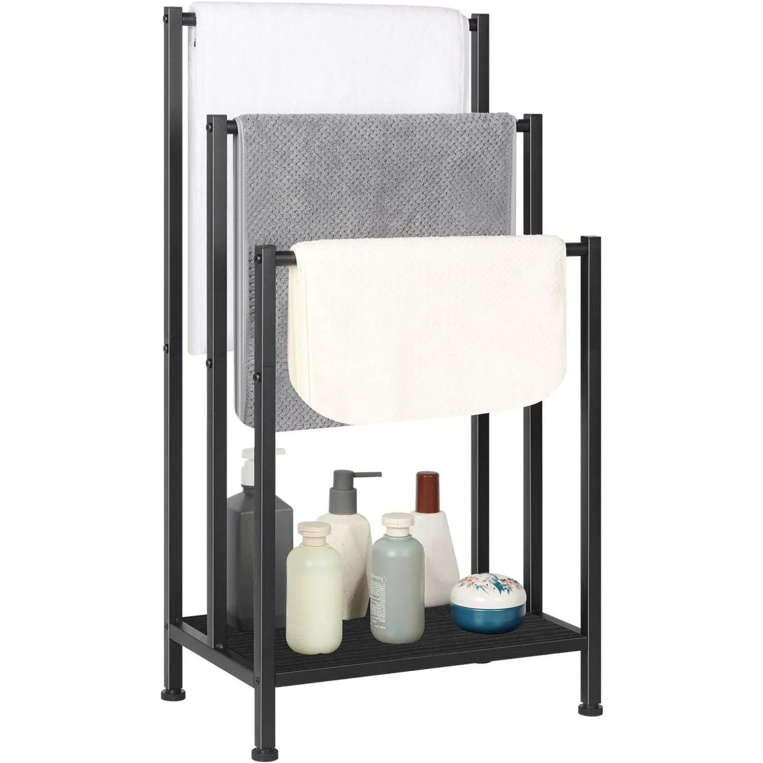 Freestanding 3-Tier Towel Rack Metal Bathroom Floor Stand and Space-Saving Organizer (Black)