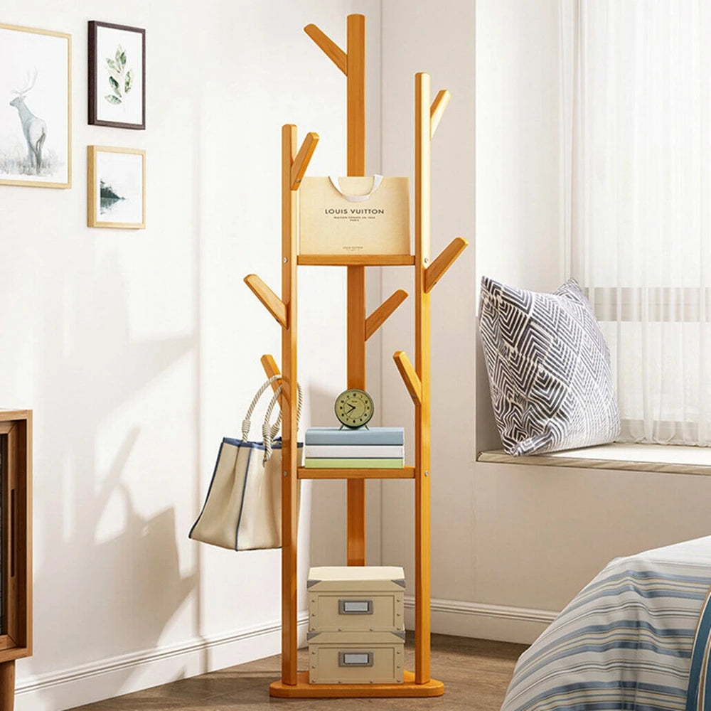 Bamboo Corner Coat Rack Stand with Hooks Shelves